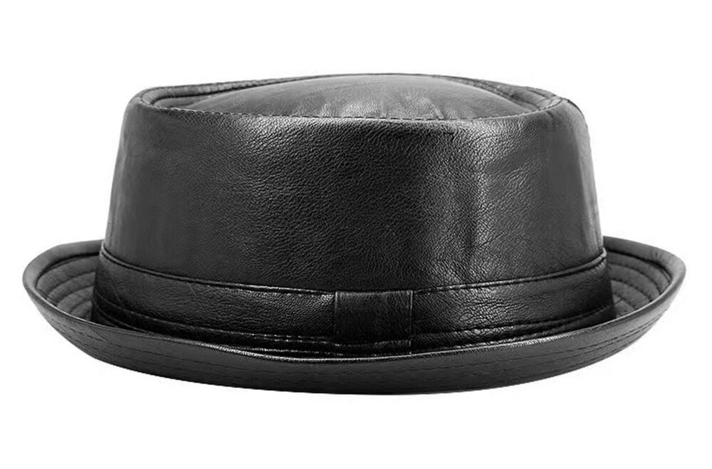 1551 Roll up Pork Pie Pillbox Trilby PU Leather Derby Fedora Hat Black